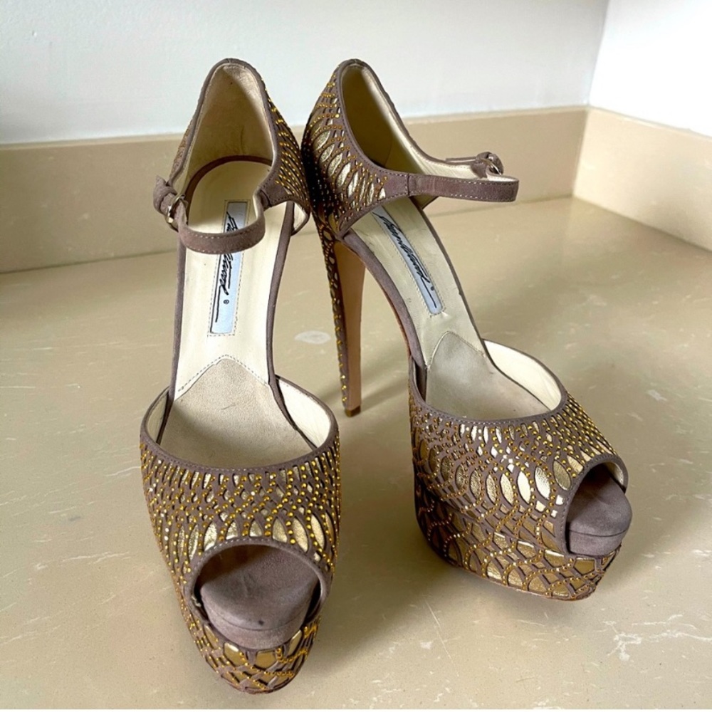 Brian Atwood nude & gold peep toe ankle strap pump